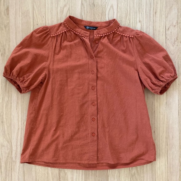 PrettyGarden Tops - PRETTYGARDEN Button Up Burnt Orange Puff Sleeve Shirt Autumn Coastal Cowgirl